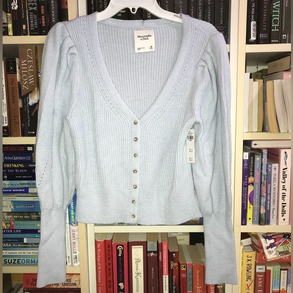 Abercrombie & Fitch Light Blue Button-Up Puff Sleeve Cardigan Sweater - Picture 7 of 13